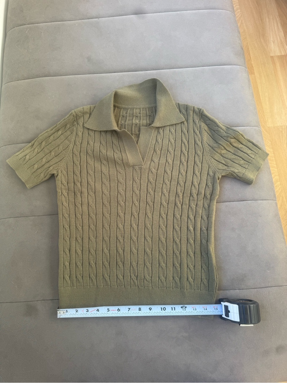 Amazon Olive Cable-Knit Polo Sweater - Short Sleeve